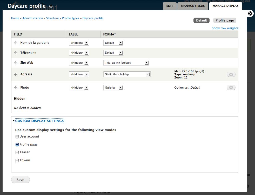 Profile manage display tab